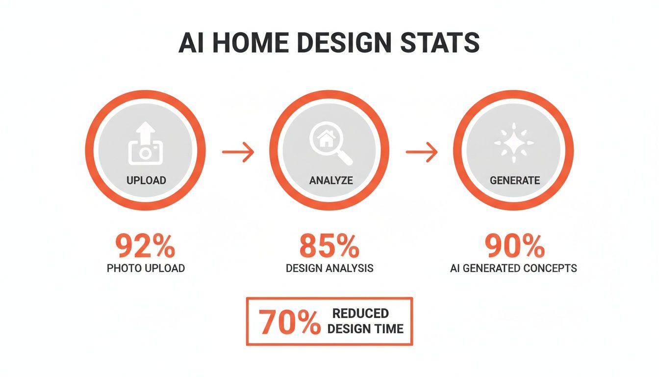 Infographic detailing AI home design stats: 92% photo upload, 85% design analysis, 90% AI concepts, 70% reduced design time.