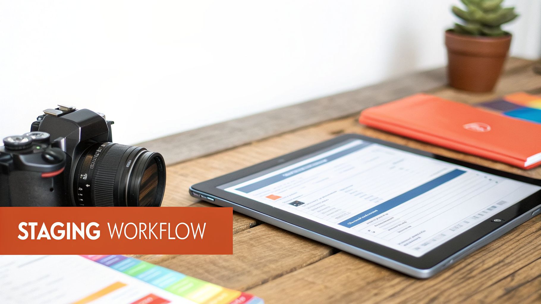 A professional desk setup featuring a camera, tablet, and orange notebook, demonstrating a staging workflow.