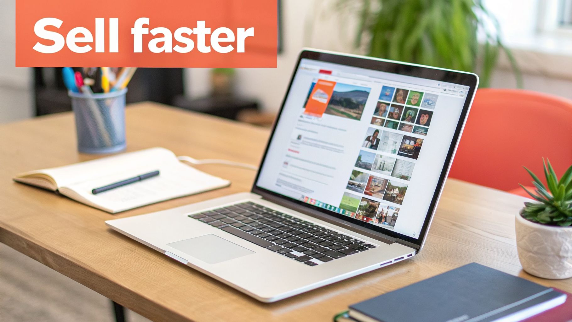 A laptop on a wooden desk showing images, with an open notebook, a plant, and a 'Sell faster' banner.
