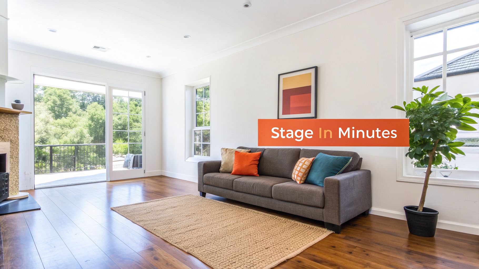 A bright and modern living room with a brown sofa, colorful pillows, rug, and green plant.