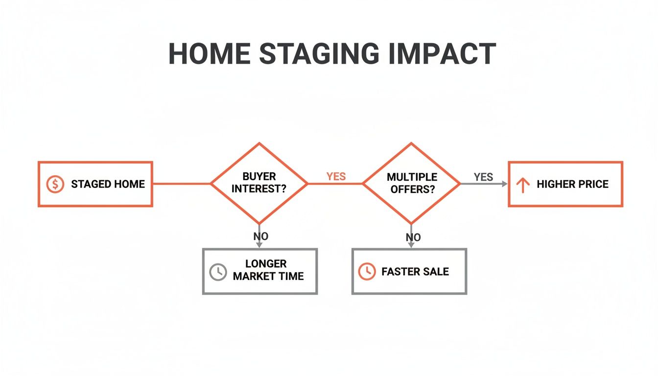 Flowchart illustrating the impact of home staging on buyer interest, multiple offers, and sale price.