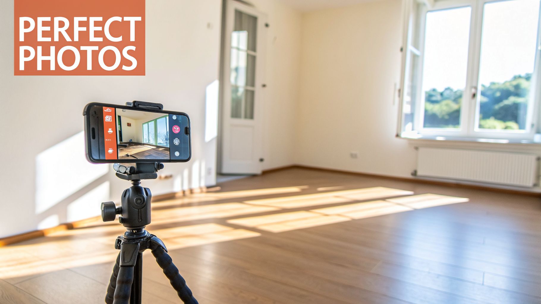 A smartphone on a tripod capturing an empty, sunlit room with wooden floors and white walls.