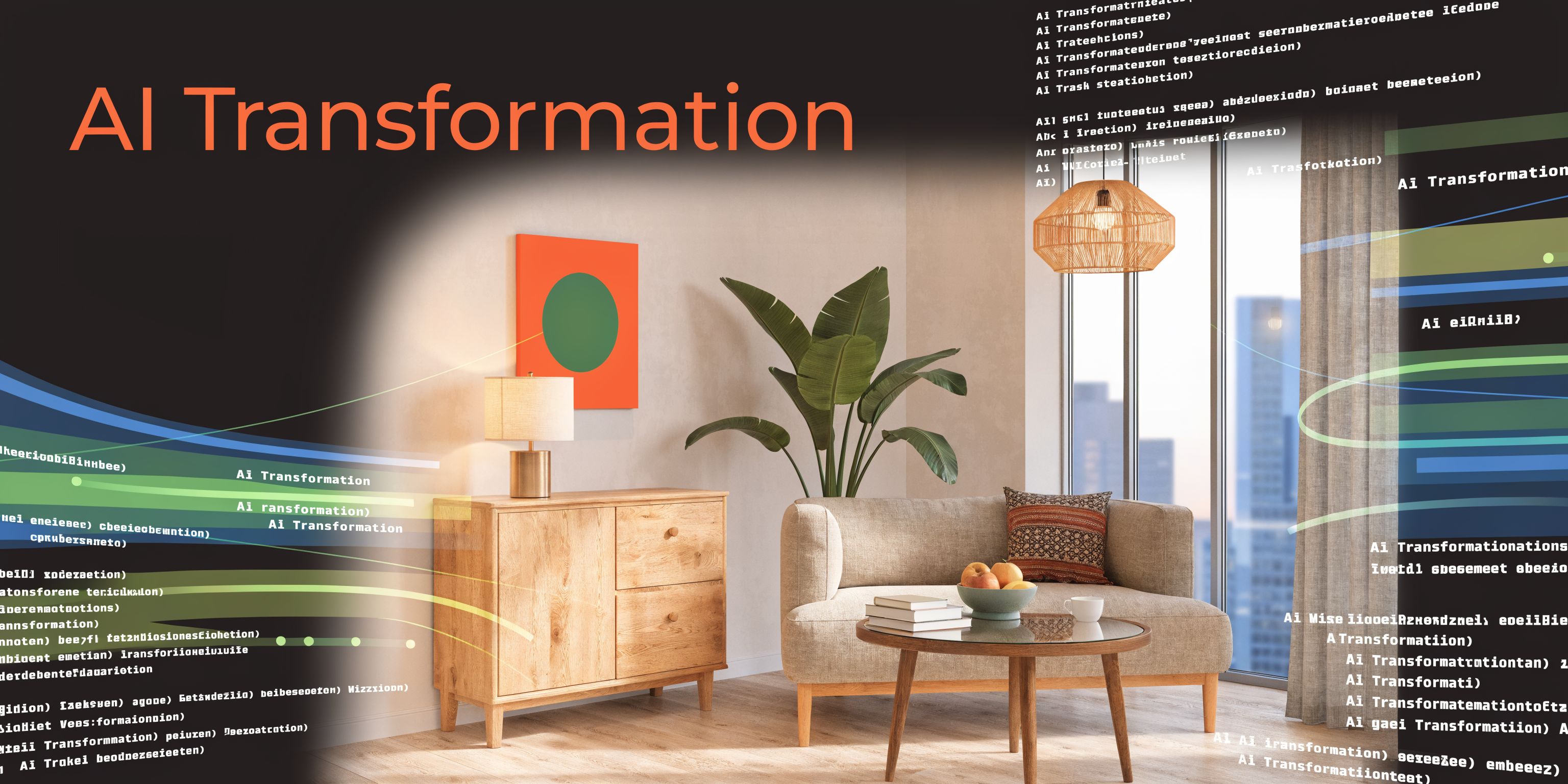 A modern living room interior design combined with digital AI transformation text and abstract data visualization elements.