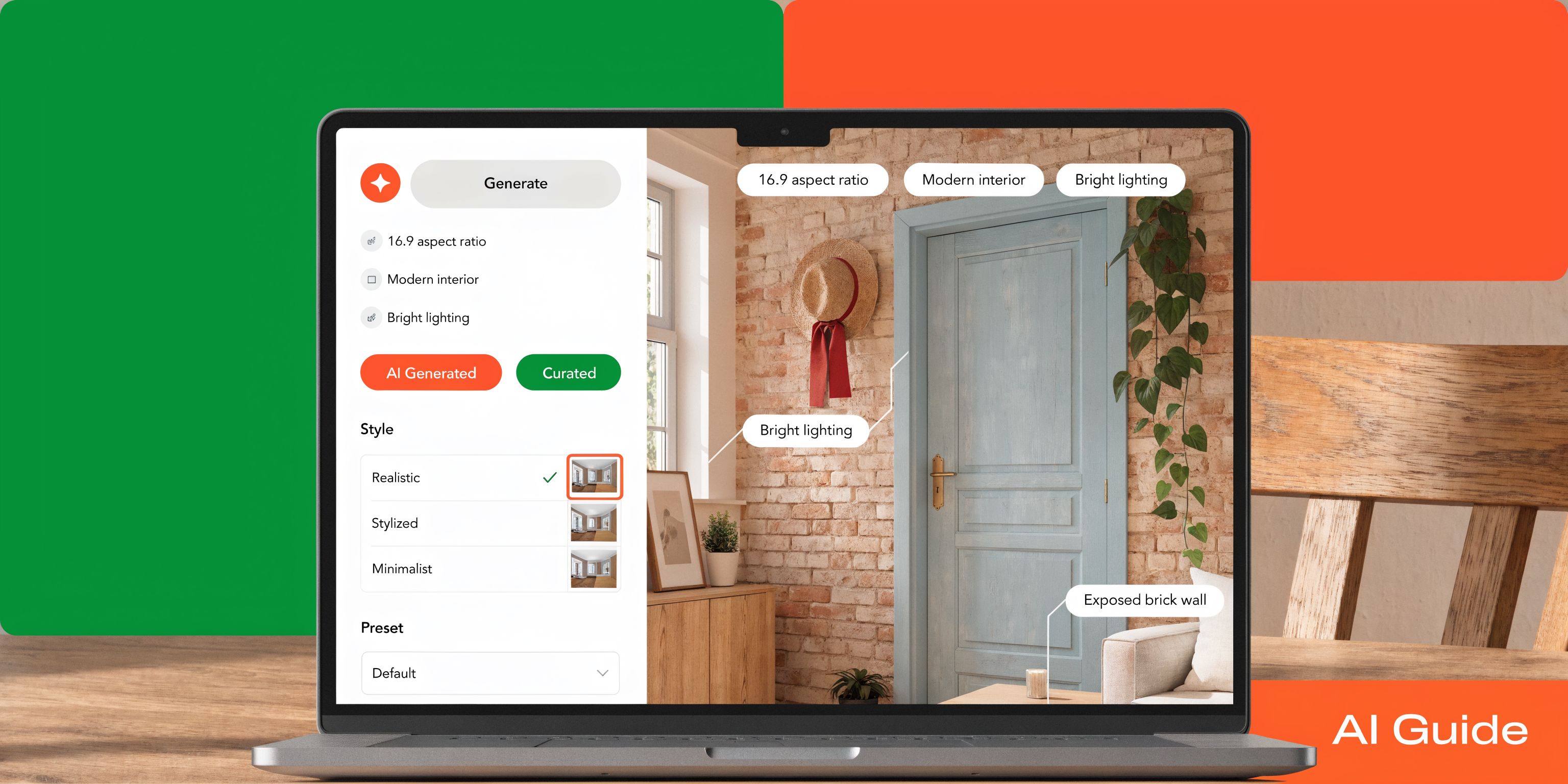 A laptop screen displaying an AI-powered interior design software interface showing a realistic room rendering with tags.