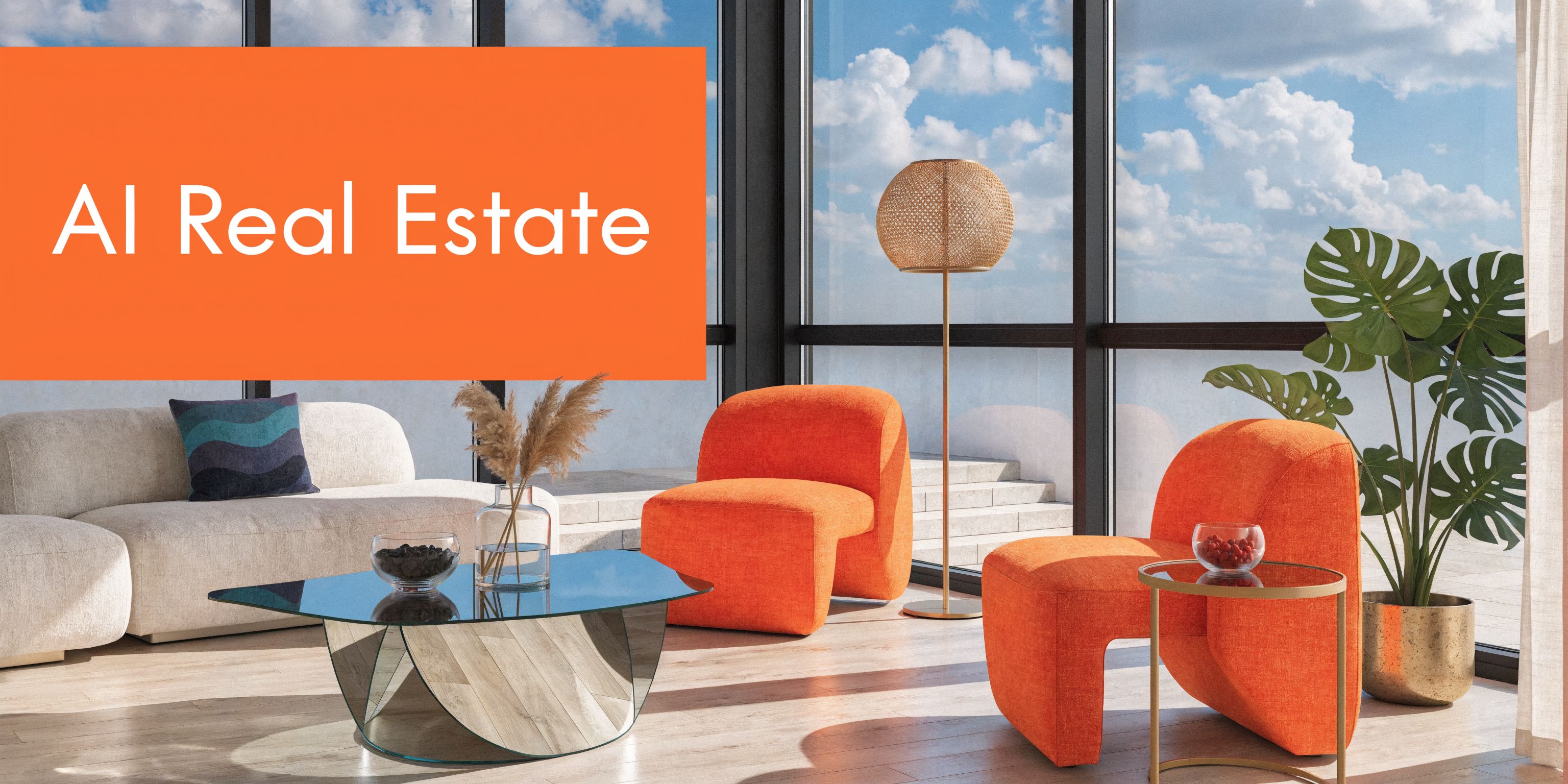A bright, modern living room interior featuring orange chairs and large windows with a sky view.