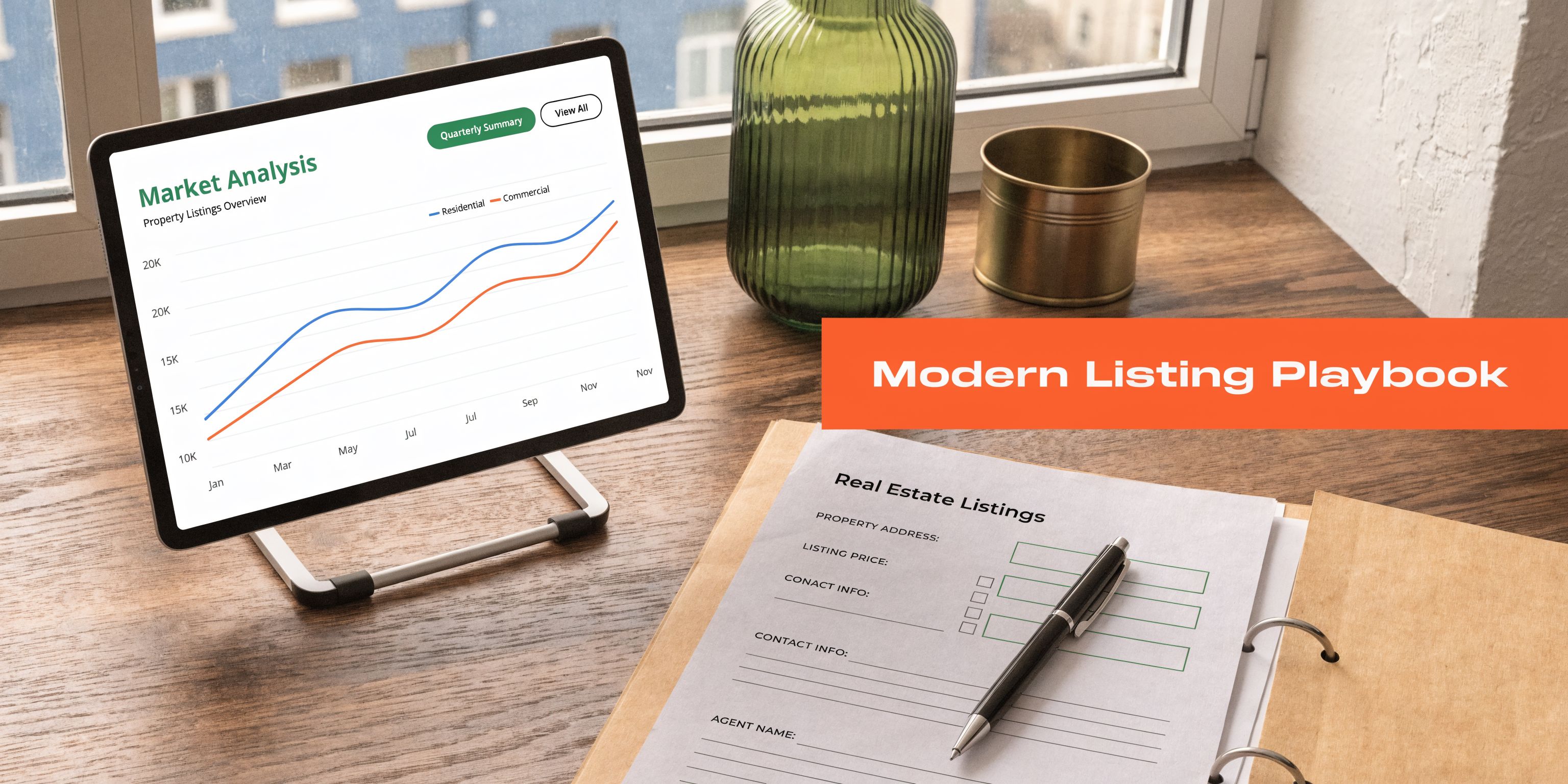 A tablet showing a real estate market analysis graph next to a document and pen on a desk.