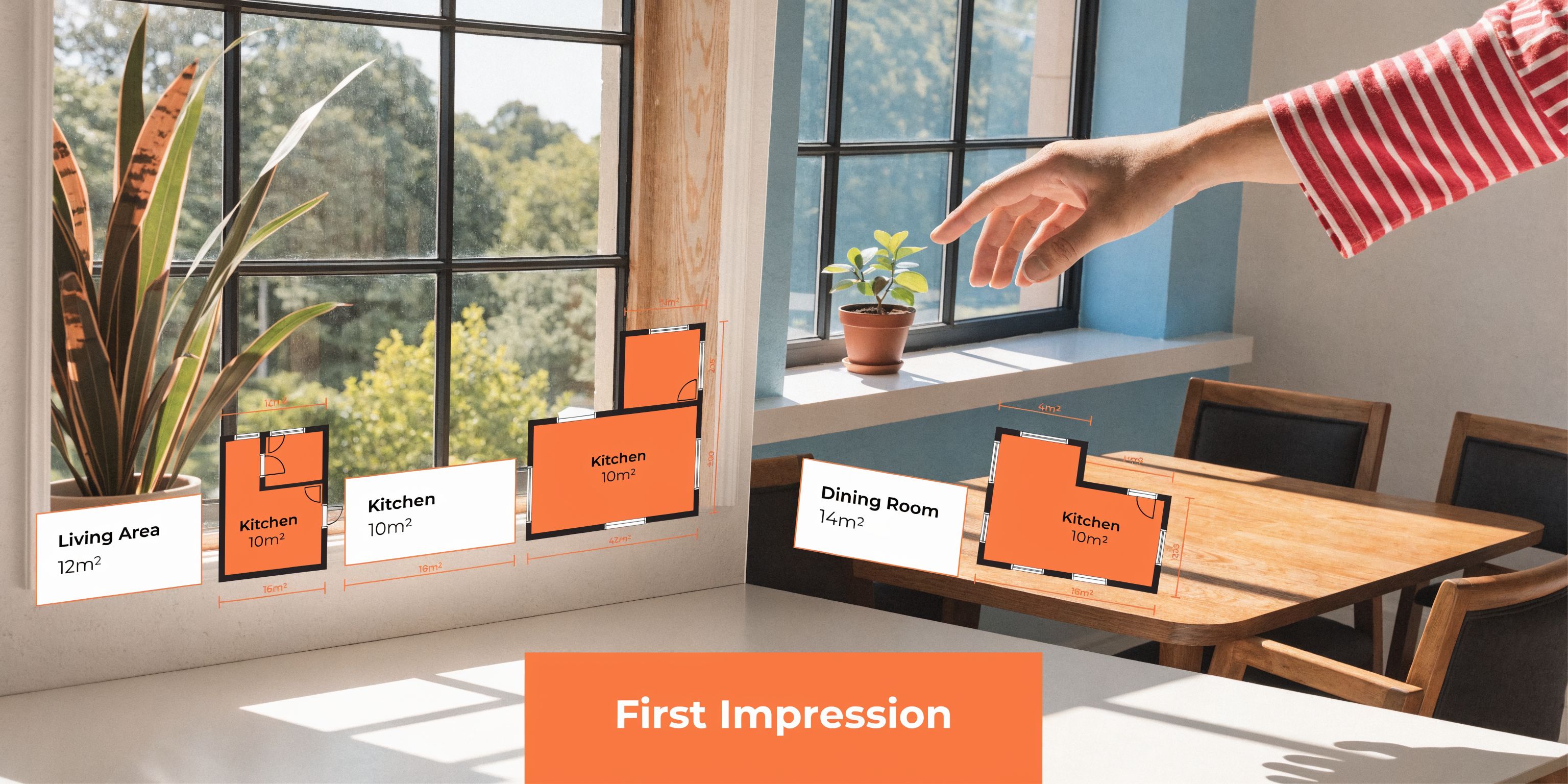 A hand pointing toward a window with virtual floor plan overlays showing room sizes for real estate.