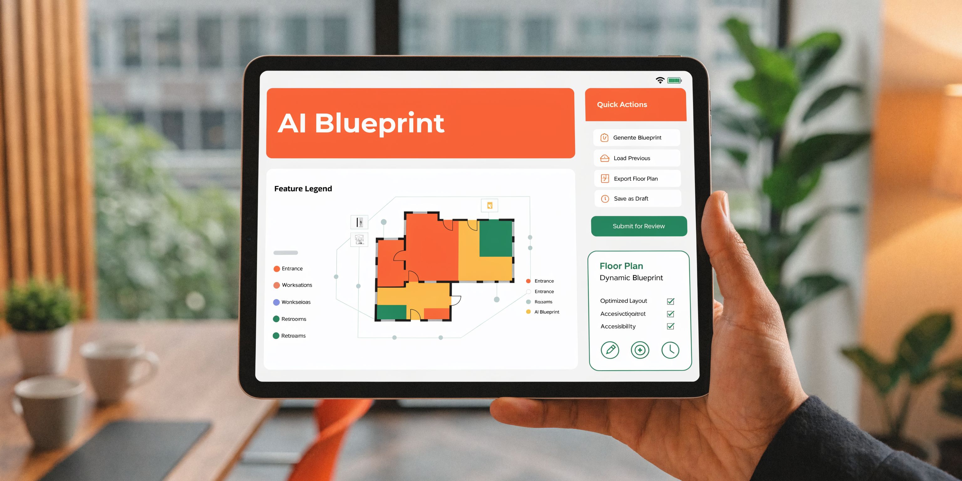 A person holding a tablet displaying an AI floor plan design software interface for office layouts.
