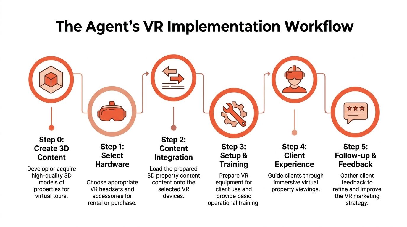 A six-step infographic workflow illustrating the process for real estate agents to implement virtual reality property tours.