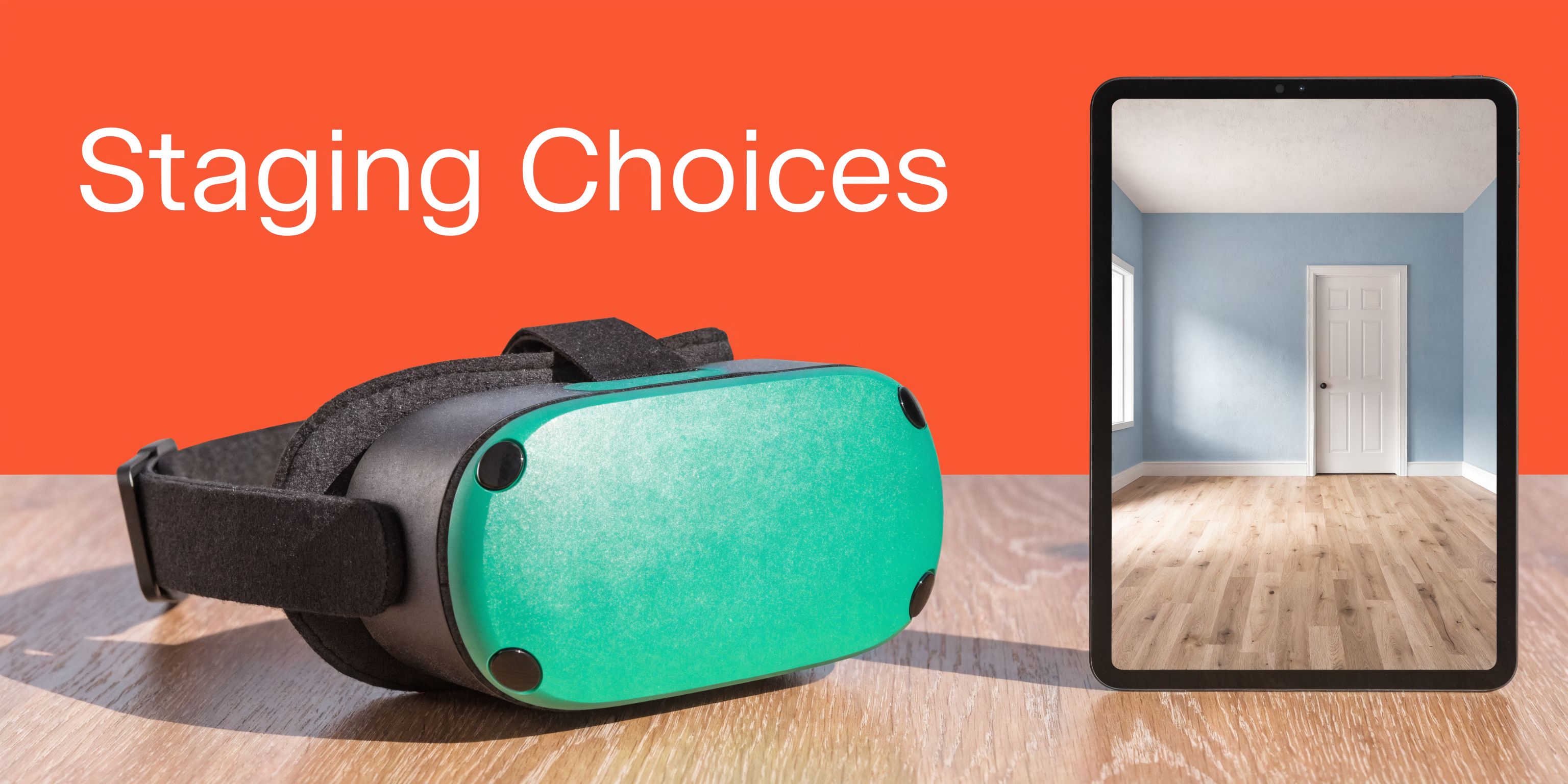 A virtual reality headset and a tablet on a wooden table against a bright orange background.
