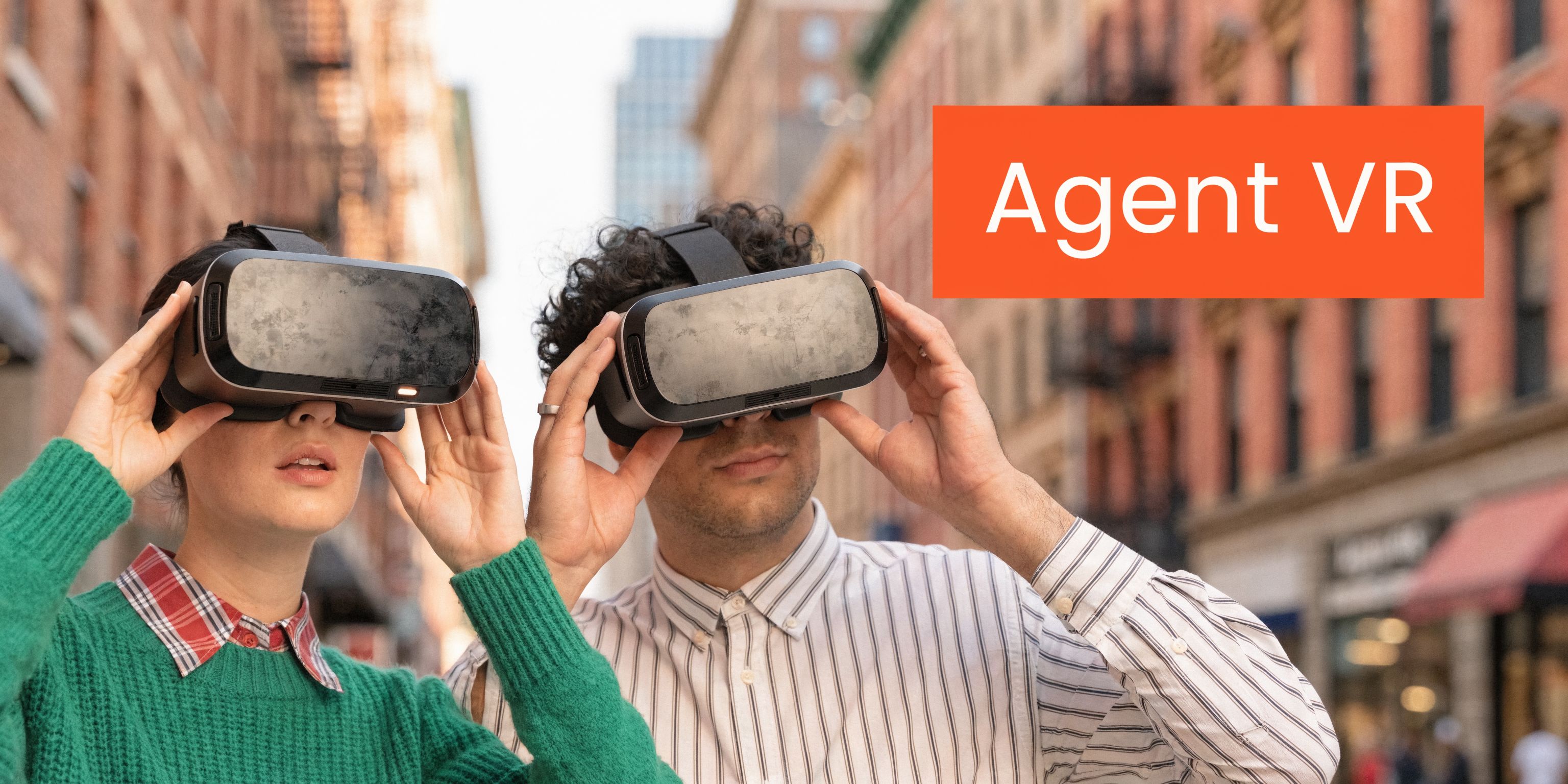 A woman and a man wearing virtual reality headsets while standing on a city street.