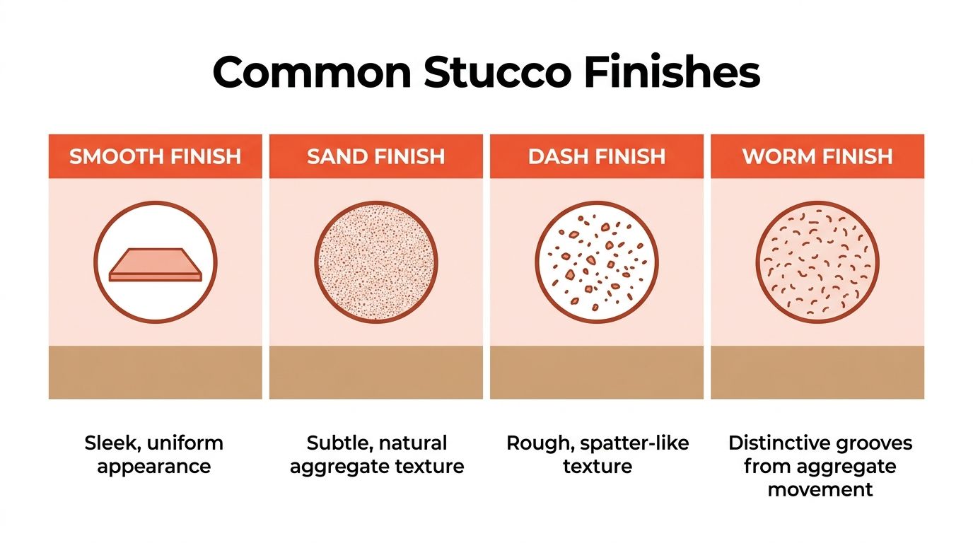 An infographic displaying four common types of stucco exterior finishes, including smooth, sand, dash, and worm textures.
