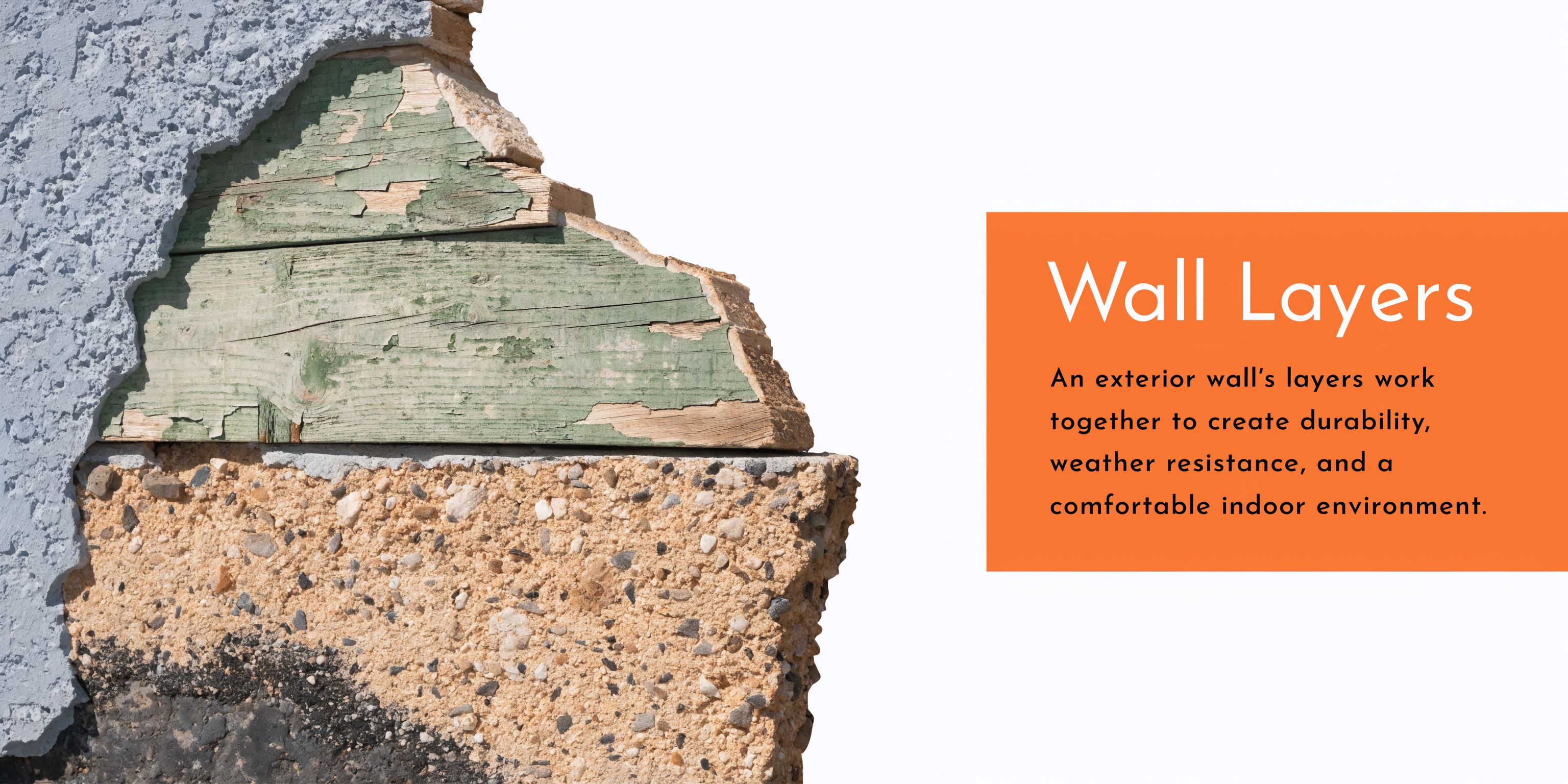 A cross-section showing layers of a wall construction including stucco, wood, and concrete aggregate materials.