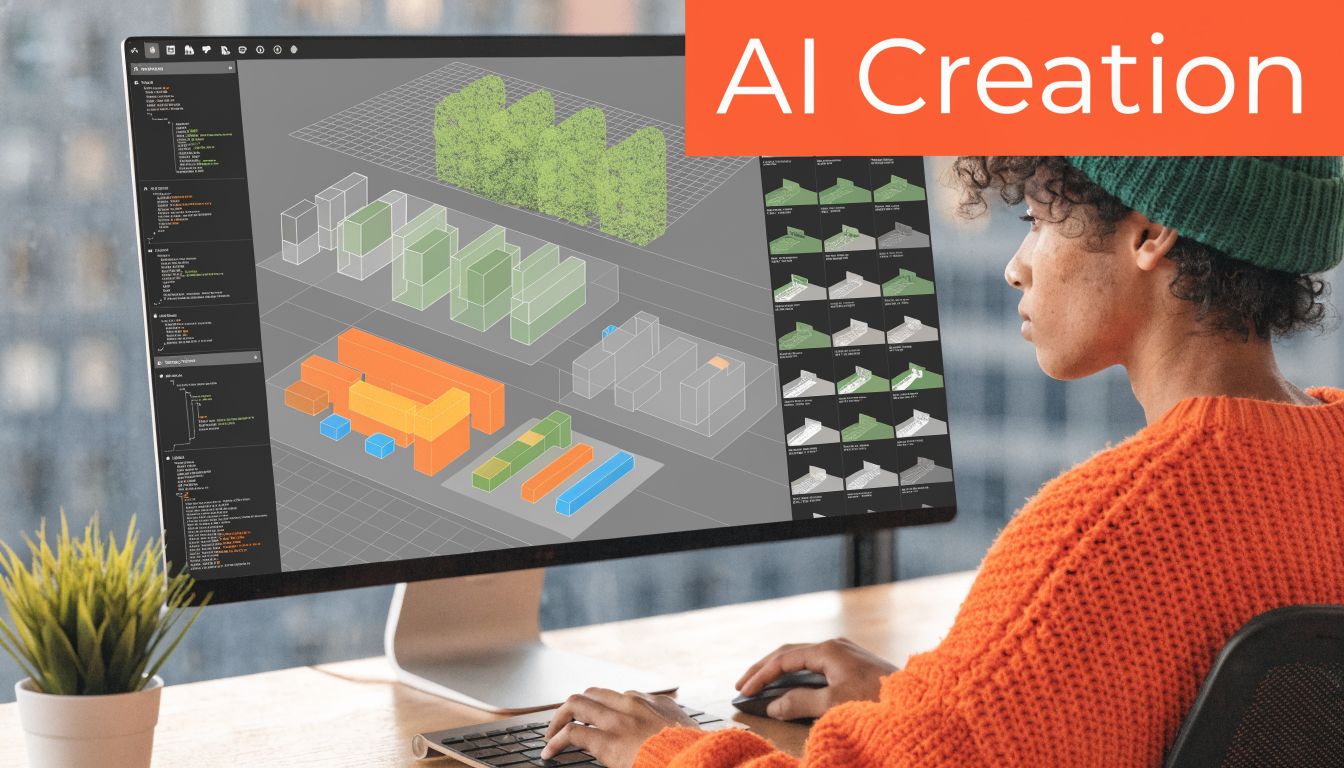 A creative professional using AI software to design architectural 3D environment concepts on a desktop computer.