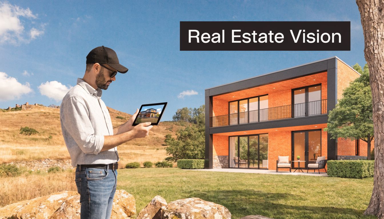 A real estate professional uses a tablet to visualize a modern brick house in a hilly landscape.