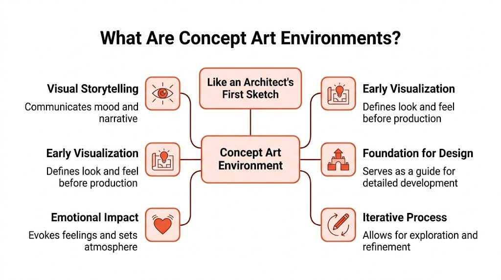 A mind map infographic illustrating the key roles and definitions of concept art environments in creative projects.