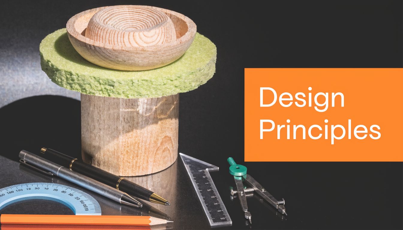 A wooden sculpture and various design tools displayed on a black surface next to an orange banner.