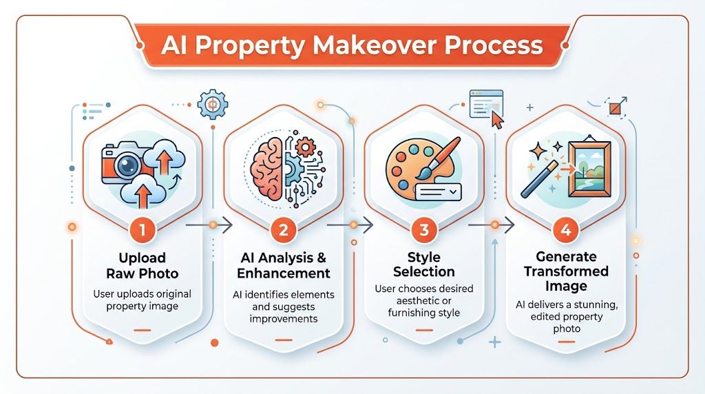A four-step infographic illustrating the AI property makeover process for enhancing real estate photographs efficiently.