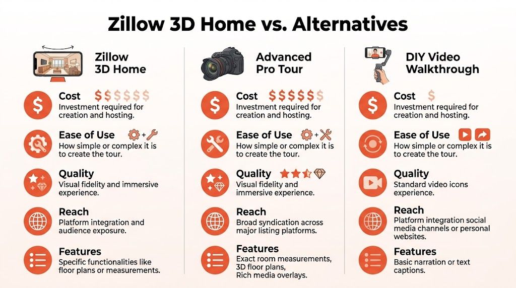 A comparison chart showing features and costs of Zillow 3D Home versus advanced professional tours and DIY walkthroughs.