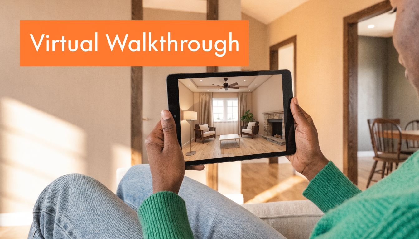 A person holding a tablet showing a 3D virtual home tour of a living room space.