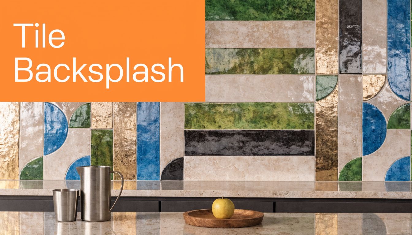 A modern kitchen backsplash featuring a vibrant geometric pattern of blue, green, gold, and neutral tiles.