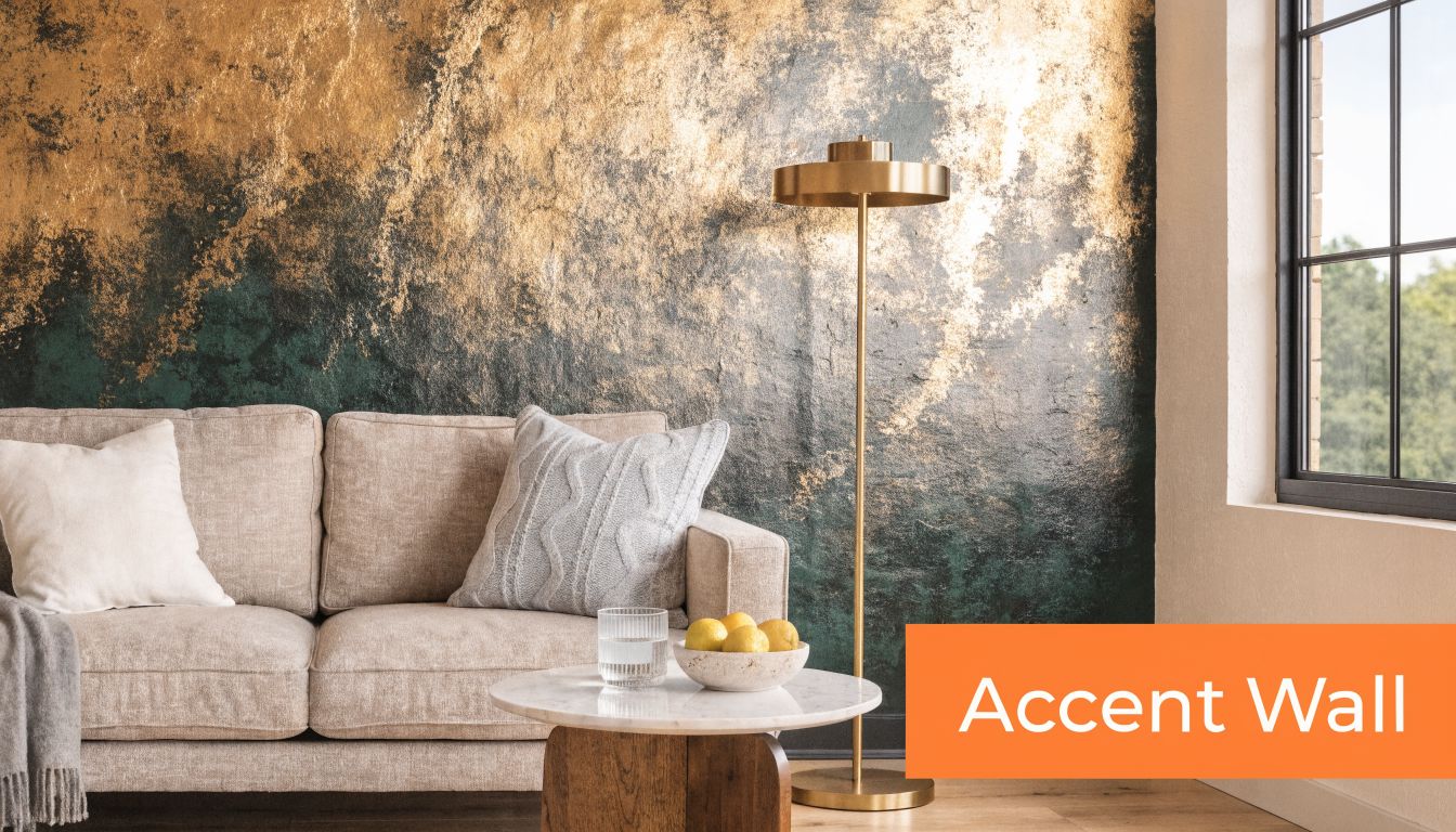 A modern living room featuring a striking dark green and gold textured accent wall behind a beige sofa.