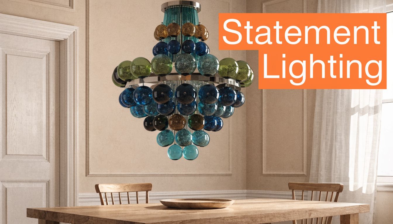 A modern glass sphere chandelier with blue, gold, and green accents hanging over a dining table.