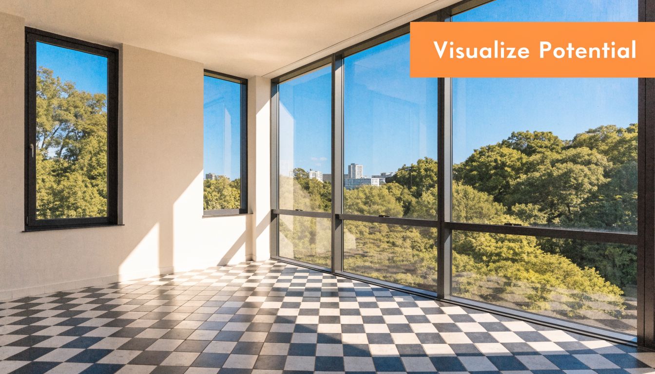A bright, empty room with a black and white checkered floor and large floor-to-ceiling windows overlooking trees.