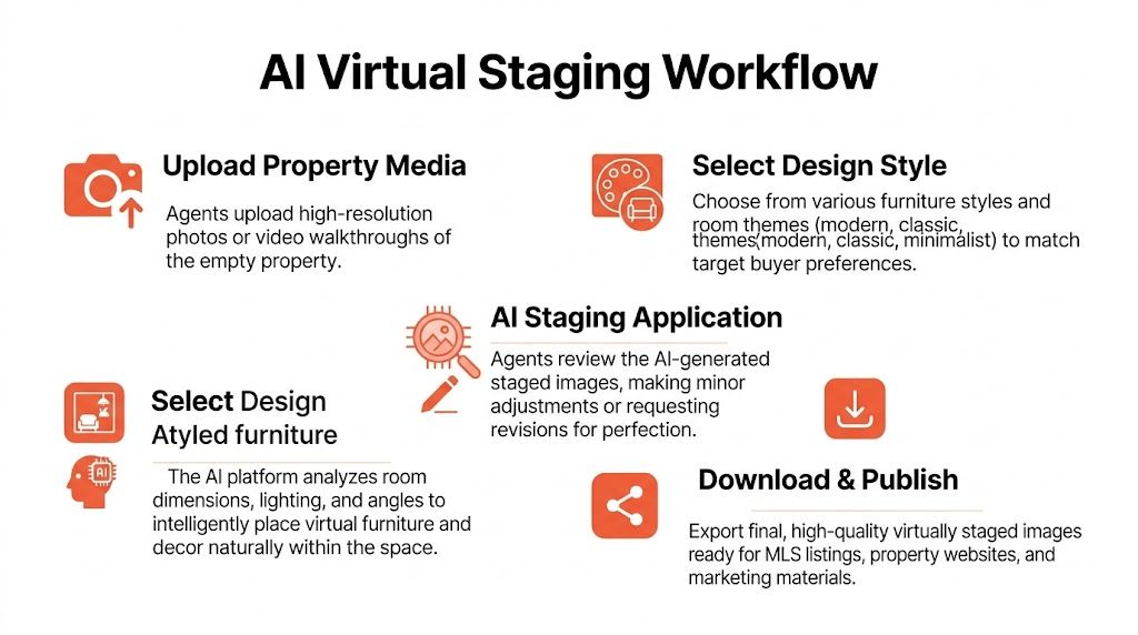 A diagram outlining the AI virtual staging workflow for real estate photography, featuring five simple steps.