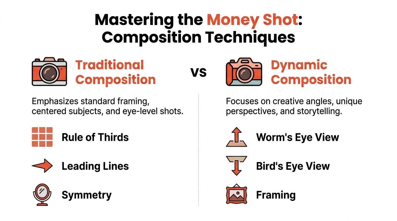 An infographic comparing traditional and dynamic photography composition techniques with icons for various camera angles.