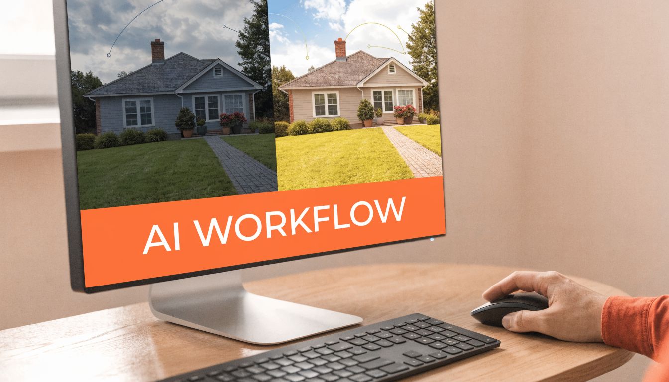 A person using a computer to edit real estate photos using AI workflow software tools.