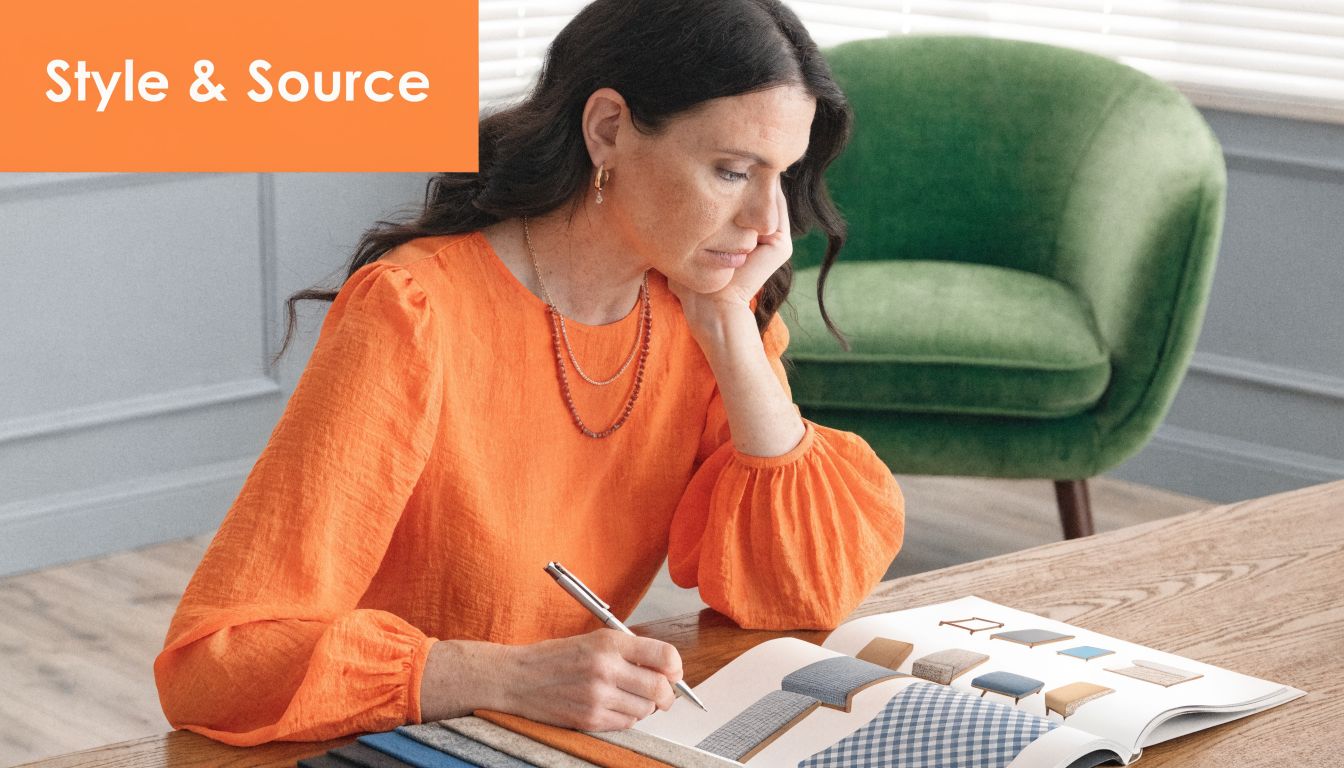 A professional interior designer in an orange top reviews fabric swatches while planning home staging.