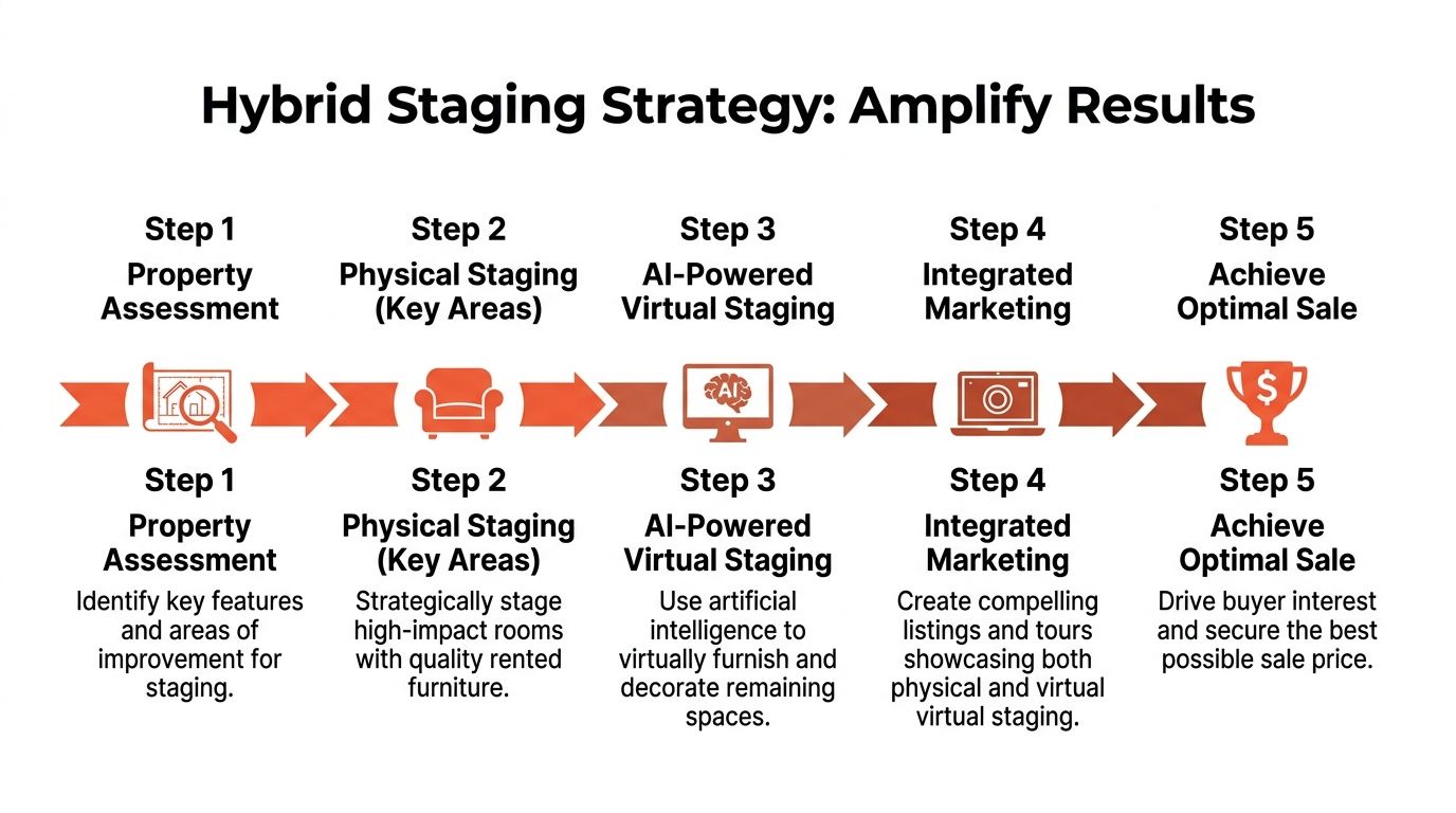 A five-step hybrid staging strategy flowchart for real estate, combining physical furniture and AI-powered virtual staging.