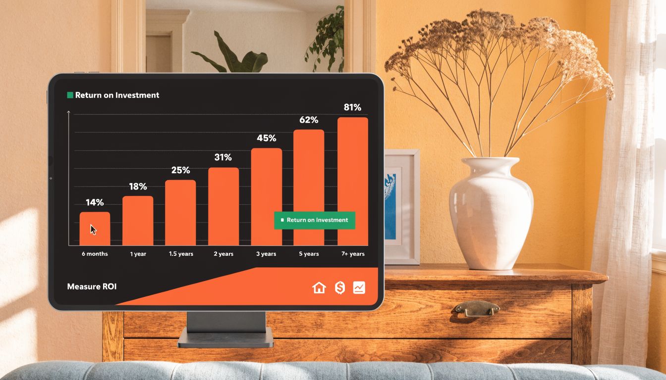 A digital screen displaying a bar graph showing steady growth in return on investment over seven years.