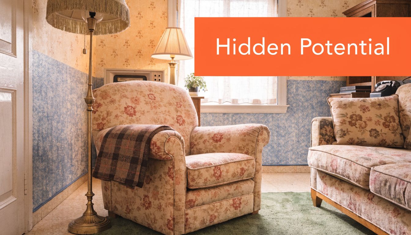 A vintage floral armchair and matching sofa in a room with patterned wallpaper and traditional decor.
