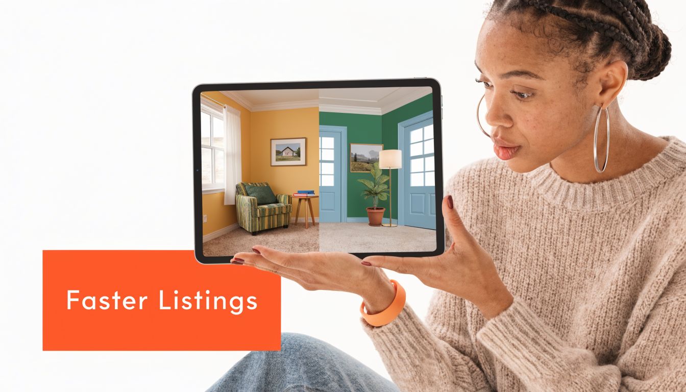 A woman holding a tablet screen displaying a digital home remodeling application with side-by-side room designs.