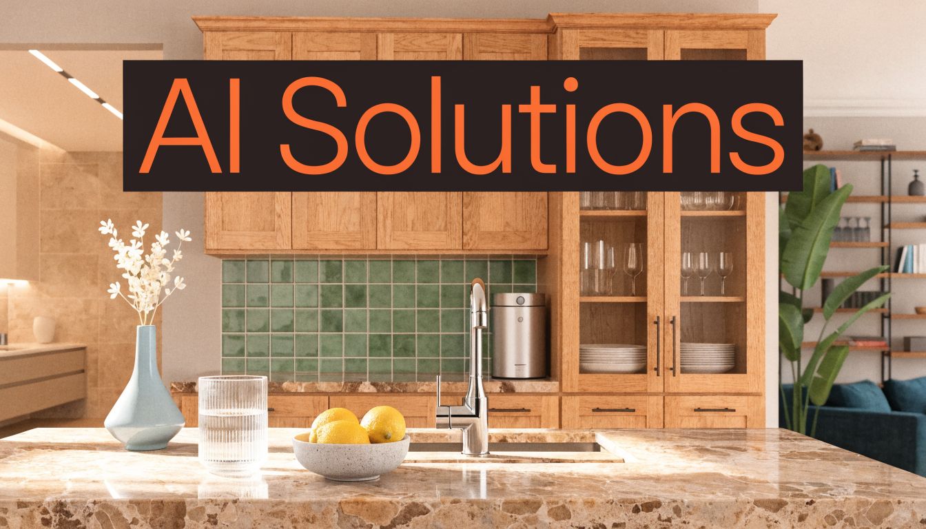 A modern kitchen interior featuring wooden cabinets, marble countertops, green tiled backsplash, and stylish decor accents.