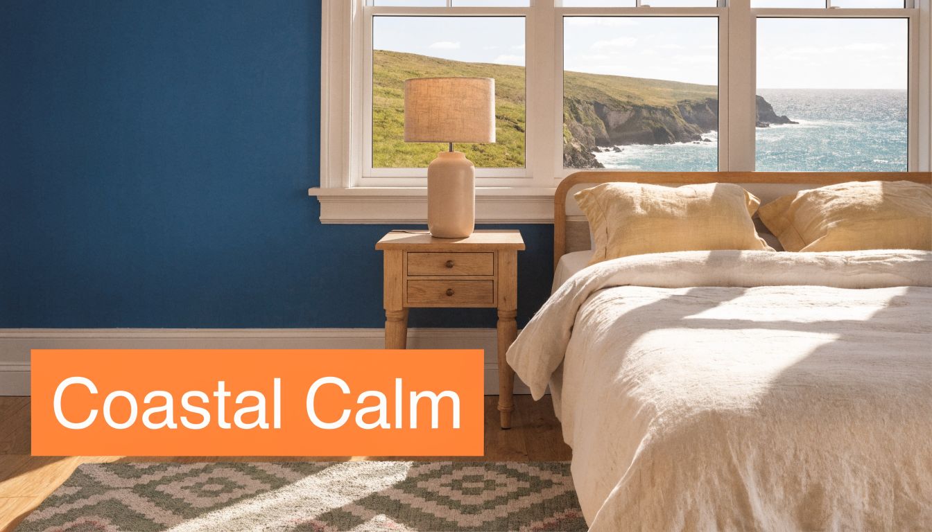 A serene coastal bedroom with blue walls, a wooden nightstand, and a view of the ocean.