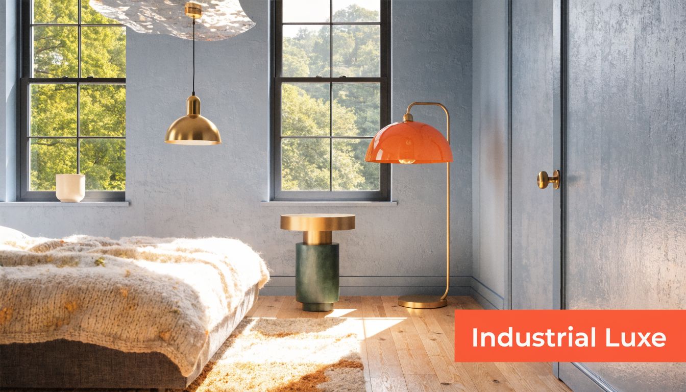 A modern bedroom with yellow and blue color palette featuring a brass pendant light and floor lamp.