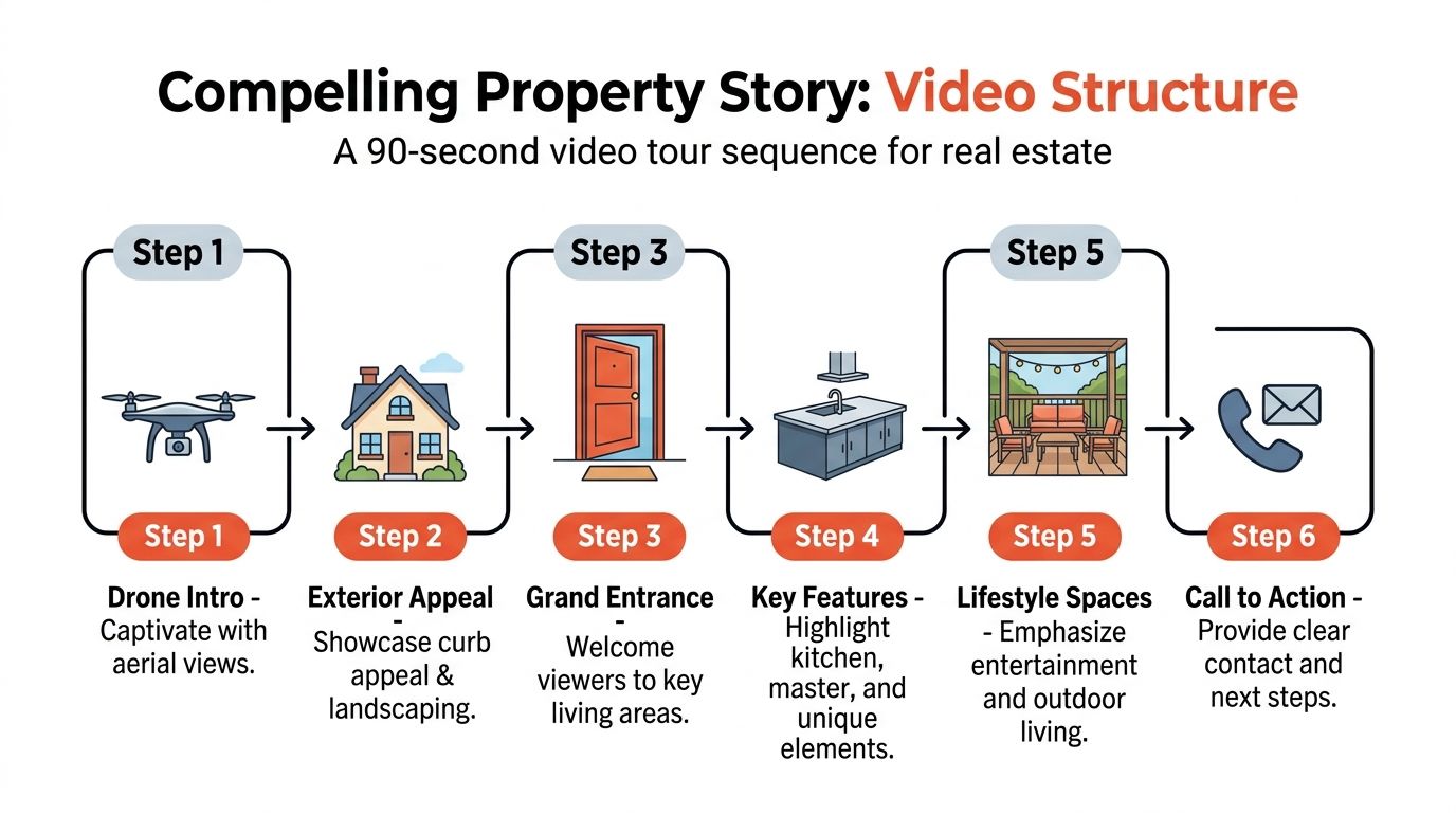A diagram illustrating a 6-step video structure for creating compelling real estate property tour videos.