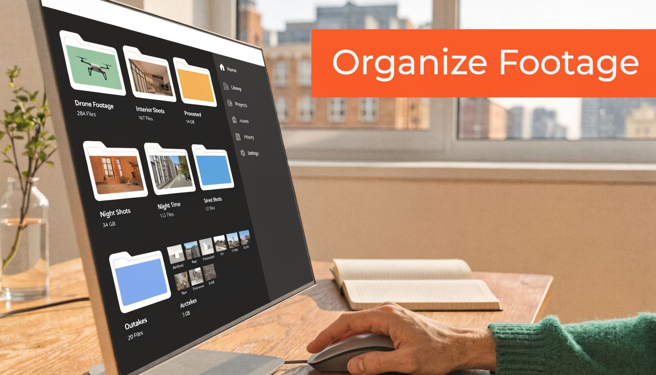 A person using a computer to organize video footage files on a modern desktop interface