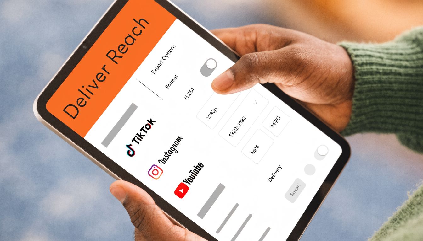 A person using a tablet to select video export settings for social media platforms like TikTok and Instagram.