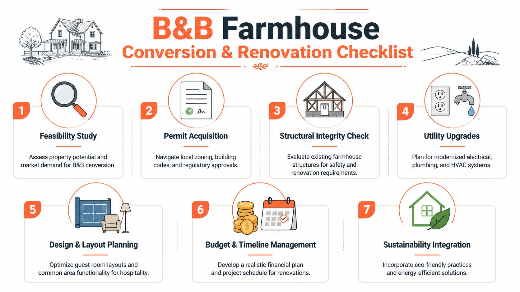 A comprehensive seven-step infographic for converting a farmhouse into a professional bed and breakfast business.