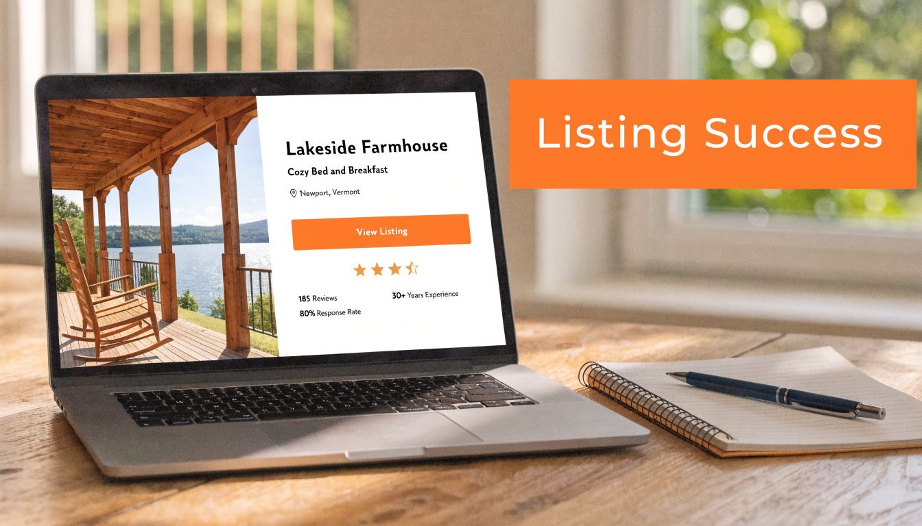 A laptop screen displaying a successful listing for a cozy bed and breakfast in Newport, Vermont.