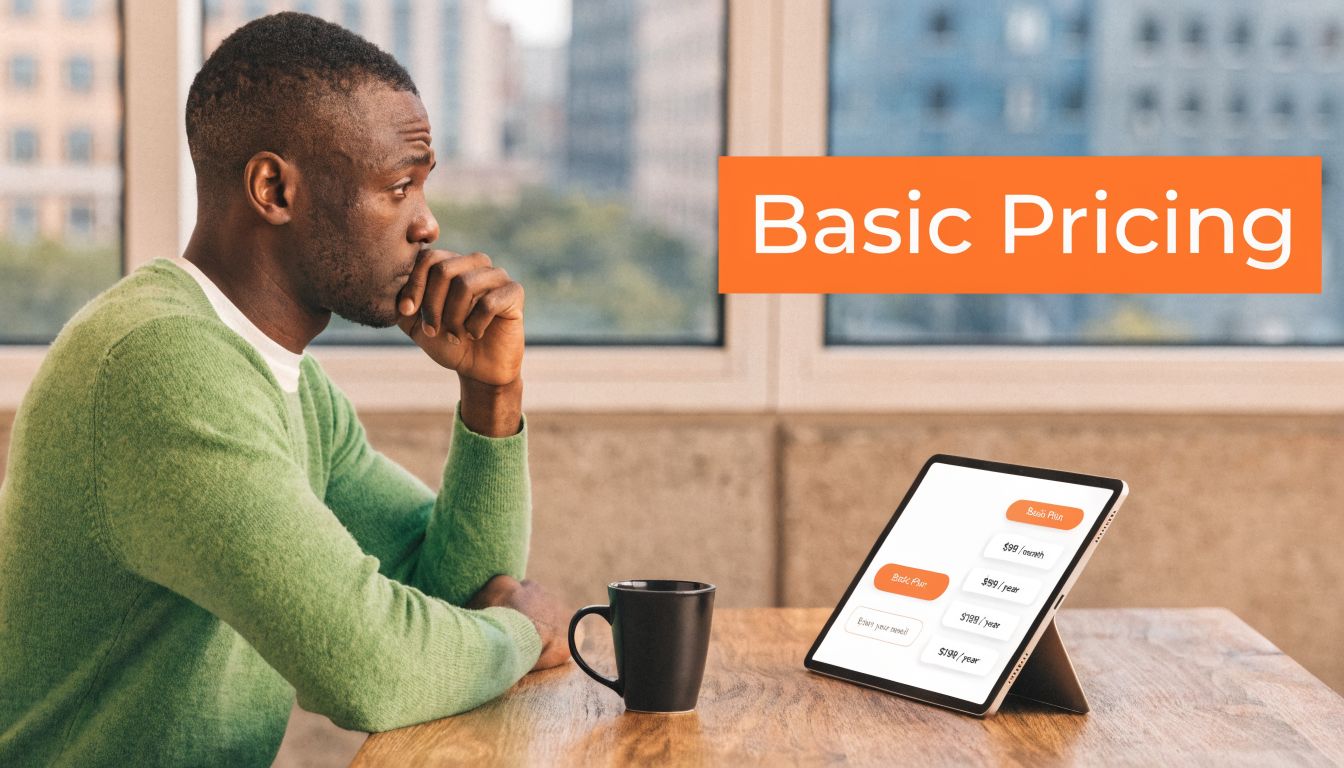 A man in a green sweater thoughtfully looking at a tablet displaying various pricing plan options.