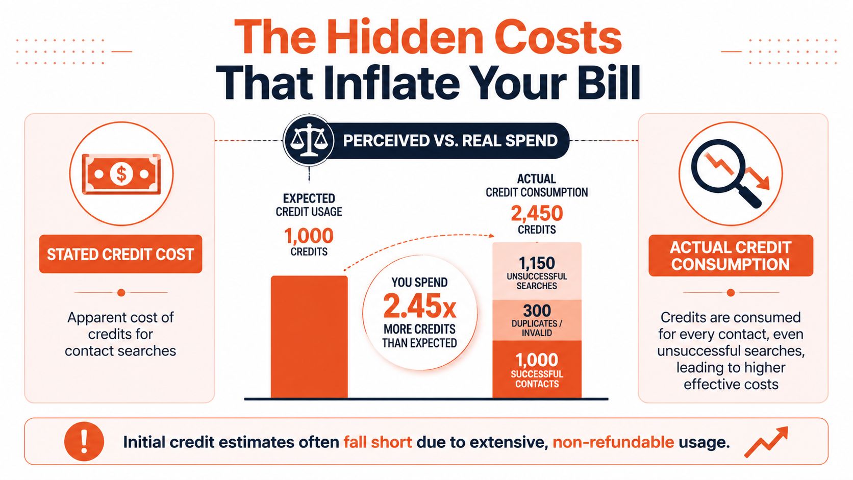 An infographic showing how hidden costs inflate contact search credit consumption, comparing expected versus actual spending.