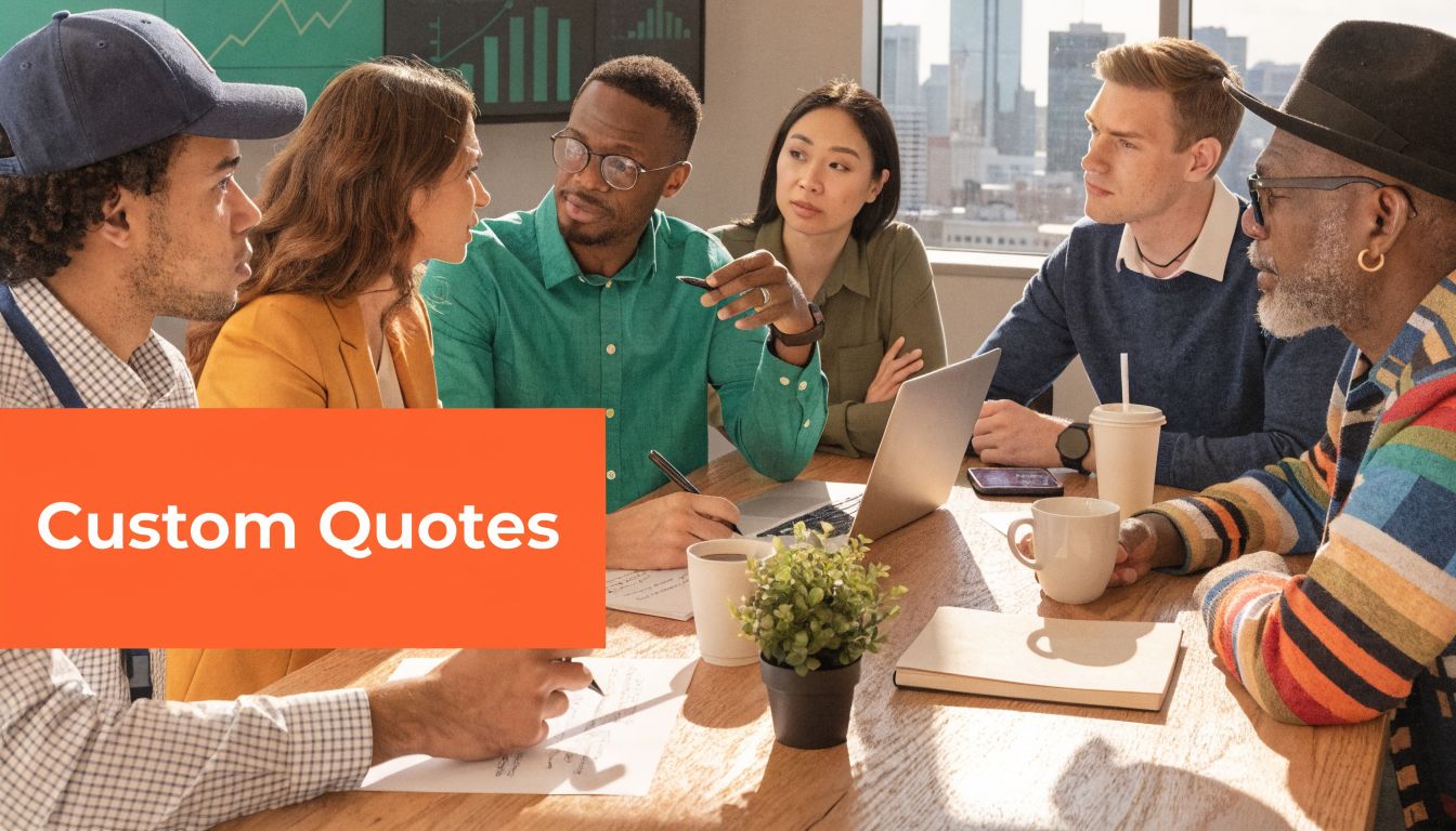 A diverse group of professionals working together at a conference table during a modern office meeting.