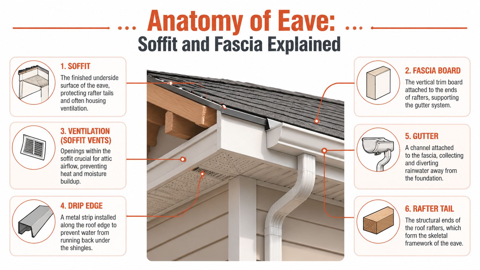 A diagram illustrating the anatomy of a roof eave, labeling components like soffit, fascia, gutter, and vents.