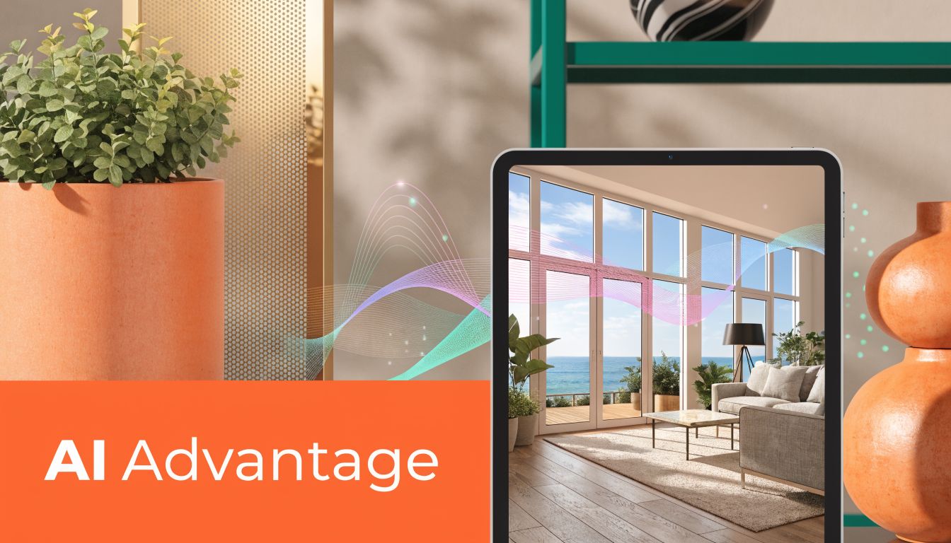 A digital tablet displaying an ocean view living room interior design with abstract AI visualization waves.