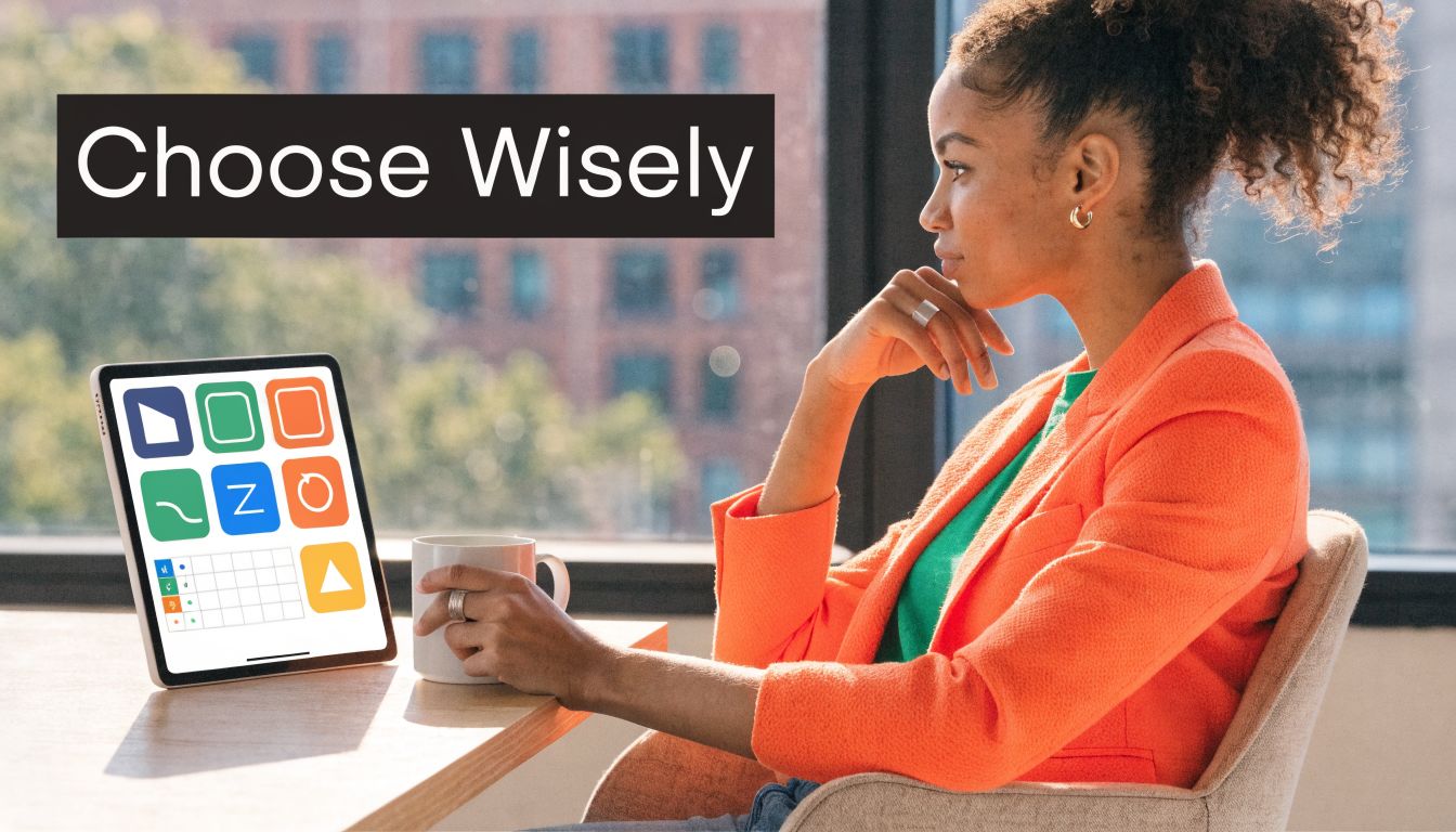 A professional woman in an orange blazer looks at a tablet displaying software interface icons.